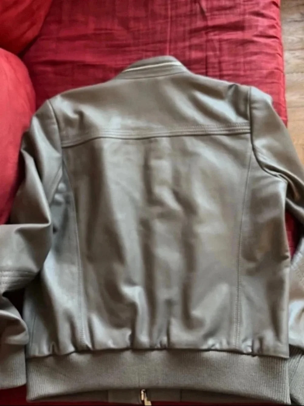Michael Kors Unisex Grey Leather Bomber Jacket - Classic Zip Front